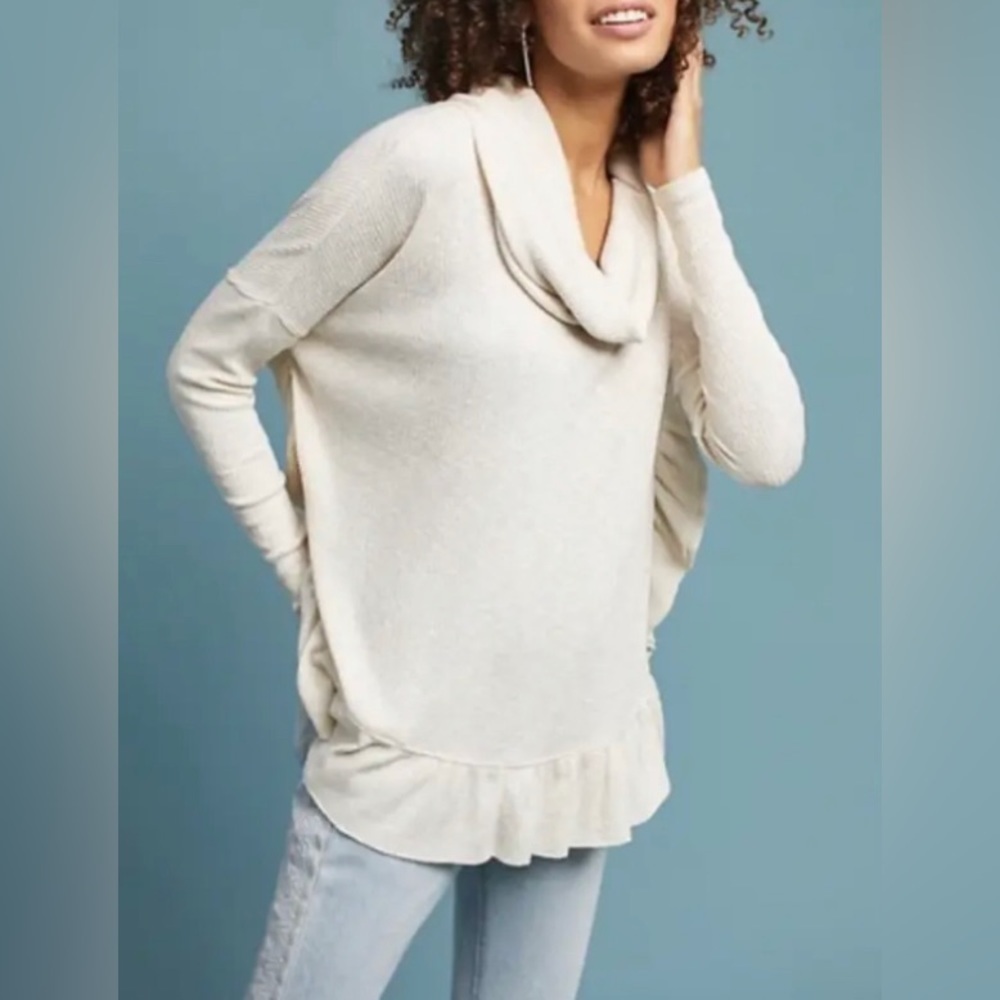 Postmark Orley Ruffle Cowl Neck Top Women's Metallic Stitching Cream Sweater XS